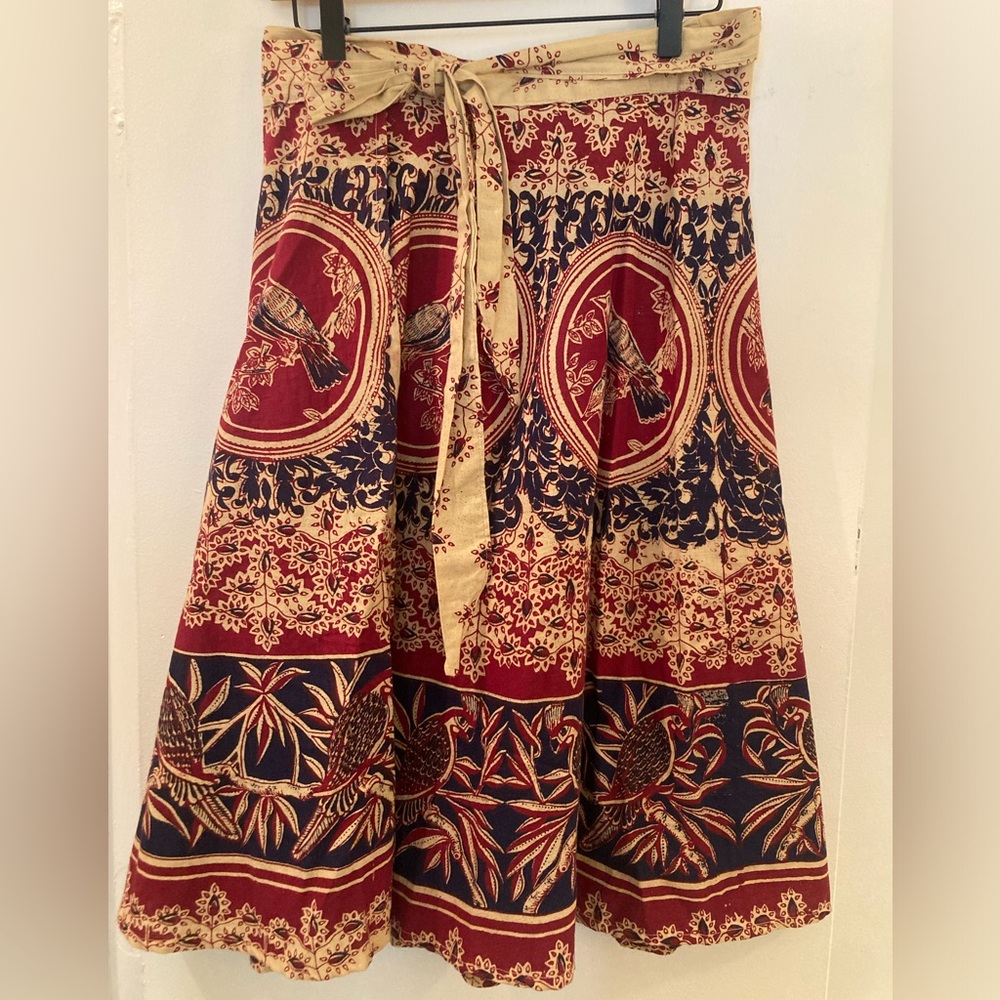 Bohemian Midi Skirt with Bird Medallion Print - Red & Navy